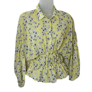 Zara Chiffon Sheer Floral Blouse Yellow Balloon Sleeves‎ Cinched Waist Whimsical